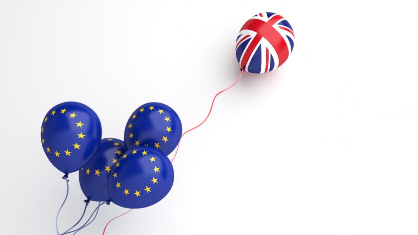 Brexit illustration creative concept, Flying balloon with European Union EU and United Kingdom UK flag on white background. 3D rendering.