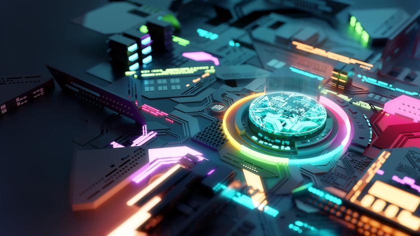 Bright coloured futuristic CPU and processors technology background. 3D illustration concept.