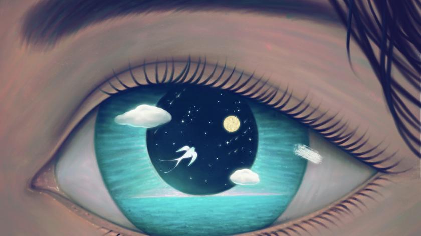 reedom concept surreal artwork, white bird flying to the moon in woman eye, surreal painting, imagination night landscape, fantasy illustration