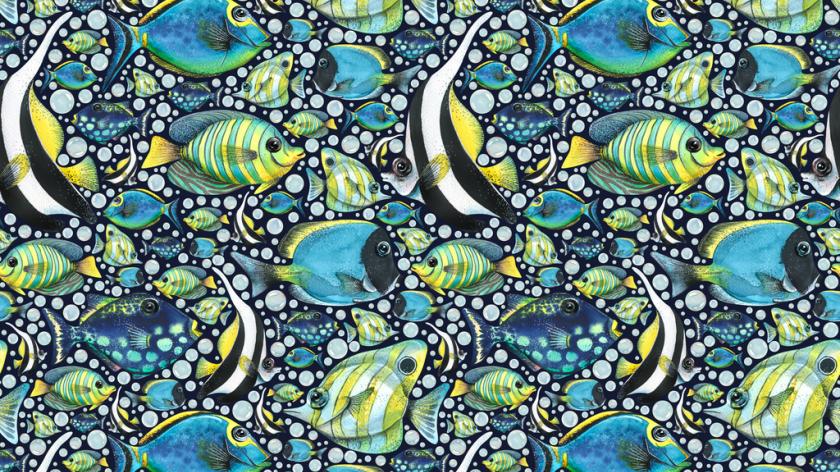 Eliminating workplace toxicity. Bright, colorful, various fish with water bubbles. Watercolor illustration. Seamless pattern on a dark background from the collection of TROPICAL FISH. For fabric, textiles, wallpaper, packaging